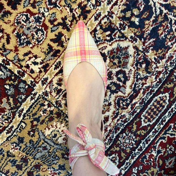 NIB Anthropologie Ankle Tie D'Orsay Bohemian Flats in Pink/Yellow Plaid - 9M - Picture 2 of 9
